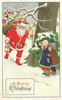 Children peering round a tree at Father Christmas