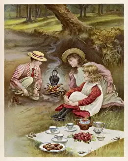 Picnics Prints: CHILDREN PICNIC IN WOODS