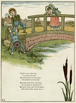 Three children playing on a bridge