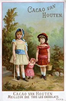 Collectors Prints: Two children playing in their garden with their dolly
