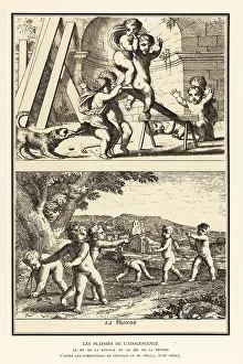 Catapult Prints: Children playing on a seesaw and with slings, 17th century