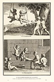 Seesaw Prints: Children playing on a swing and seesaw, 17th century