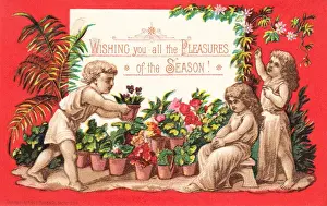 Children with potted plants on a Christmas card