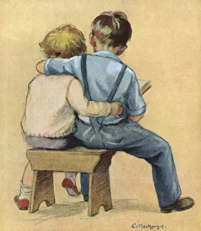 Kids Prints: Children reading together Pals by C V MacKenzie
