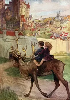 Wolfe Prints: Children ride reindeer by P. A. Staynes