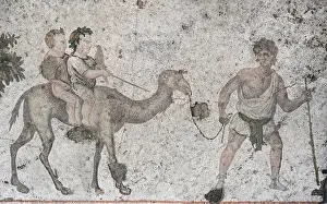 Two children riding on a camel. Mosaic of the Great Palace M
