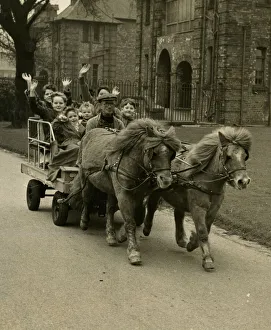 Ponies Gallery: Children riding in cart pulled by ponies, Manchester