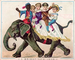 Signpost Prints: Five children riding an elephant on a New Year card