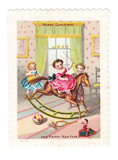 Children with rocking horse on a Christmas card