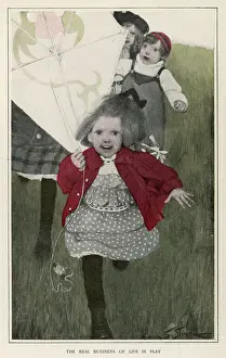 Children running with a kite