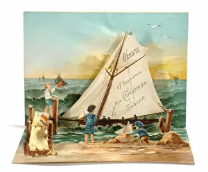 Oceans Gallery: Children with a sailing boat on a Christmas card