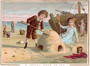 Buckets Prints: Children at the seaside on a Christmas card