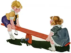 Margery Prints: Two children on a seesaw