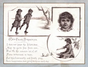 Skaters Collection: Children skating and feeding birds on a sepia New Year card