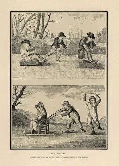 Children sledding and skating on ice (traineaux)