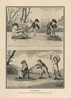 Skates Gallery: Children sledding and skating on ice (traineaux)