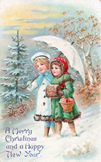 Cold Gallery: Children in the snow on a Christmas and New Year postcard