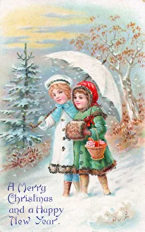 Cold Gallery: Children in the snow on a Christmas and New Year postcard
