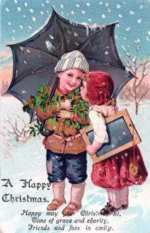 Cold Gallery: Children in the snow on a Christmas postcard
