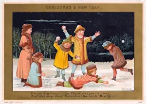 Snowballing Prints: Six children snowballing on a Christmas card