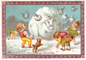 Four children snowballing on a Christmas card Four children snowballing on a Christmas card