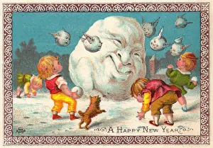 Snowballing Prints: Four children snowballing on a New Year card