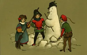 Snow Man Prints: Three children with a snowman