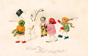 Snowman Prints: Children with snowman on an Estonian New Year postcard