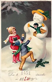 Snowman Prints: Children with snowman on a German Christmas postcard