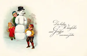 Snowman Prints: Children with snowman on a German New Year postcard