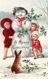 Snowman Prints: Children with snowman and rabbit on a Christmas postcard