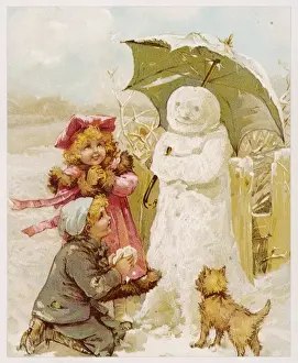 Snow Man Prints: Two children give their snowman an umbrella