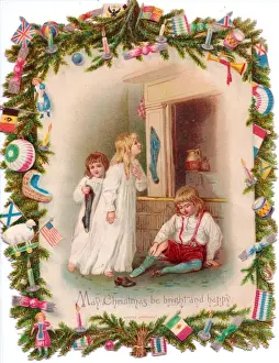 Trumpets Prints: Three children and stockings on a Christmas card