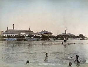 Nagasaki Prints: Children swimming, Dejima, Nagasaki, Japan, circa 1890