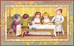 Five children at a table on a Christmas card