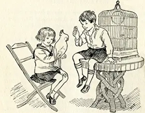 Parrots Prints: Two children teach a parrot to speak