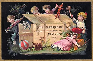 Rattle Prints: Children and toys on a New Year card