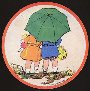 Two children under an umbrella by Muriel Dawson
