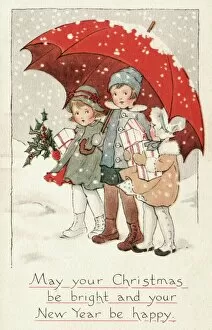 Images Dated 25th June 2012: Children under an umbrella in the snow