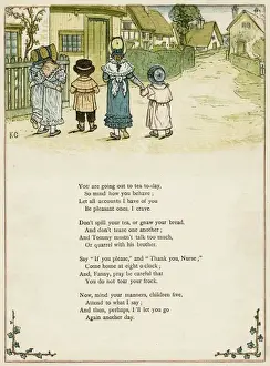 Five children walking through a village