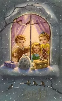 Children watch snow through window at Christmas, French card