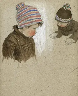 Pompom Prints: Two children in woolly hats by Muriel Dawson