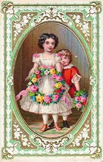 Children with a wreath of roses on an ornate greetings card