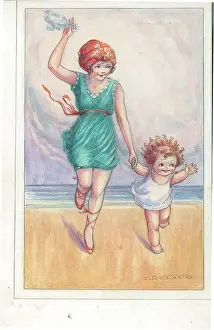 Children's beach activities bathing fishing Postcard