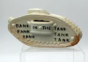 Glazed Prints: Childs patriotic pottery tank entitled Bank In The Tank