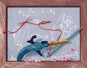 Correction Collection: Childs slate and toy gun on a Christmas card