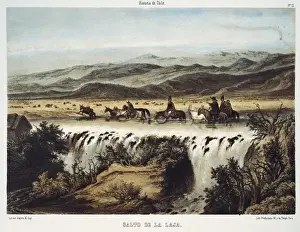 Chile (1854). Falls of Laja river. Litography