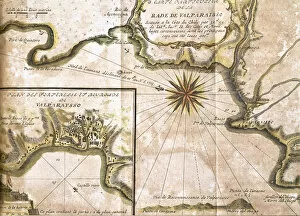 Chile. Valparaiso. Map in 1713 after an engraving of 1717