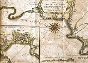 Continent Prints: Chile. Valparaiso. Map in 1713 after an engraving of 1717