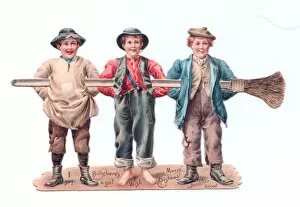 Images Dated 11th December 2015: Three chimney sweep boys on a cutout Christmas card